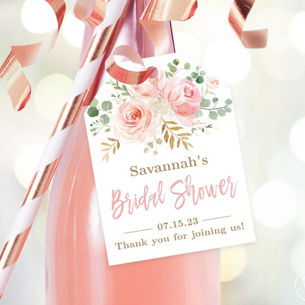 Bridal Shower Favor Tags, Printable Bridal Shower Favor Tag Template, Editable, Champagne or Wine Bottle Tags, Blush Pink Floral, VWC95