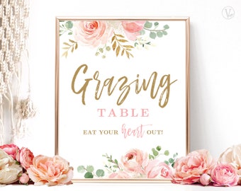 Grazing Table Sign, Eat Your Heart Out! Printable Bridal Shower Grazing Table Sign, Charcuterie, Blush Pink Floral, Gold, VWC95