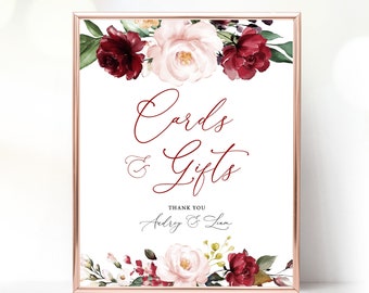 Cards & Gifts Sign, Printable Wedding Cards and Gifts Sign Template, 8x10 Wedding Sign, Fall, Burgundy Pink Floral, VWT14
