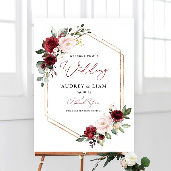 Wedding Welcome Sign, Printable Wedding Welcome Sign Template, Calligraphy Wedding Sign, Fall, Plum, Wine, Burgundy Pink Floral, VWT14