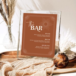 Wedding Bar Menu Template, Editable Bar Menu Sign, Printable Bar Menu, 8x10 and 5x7, Retro, Terracotta, Boho, Mid Century, VWC68