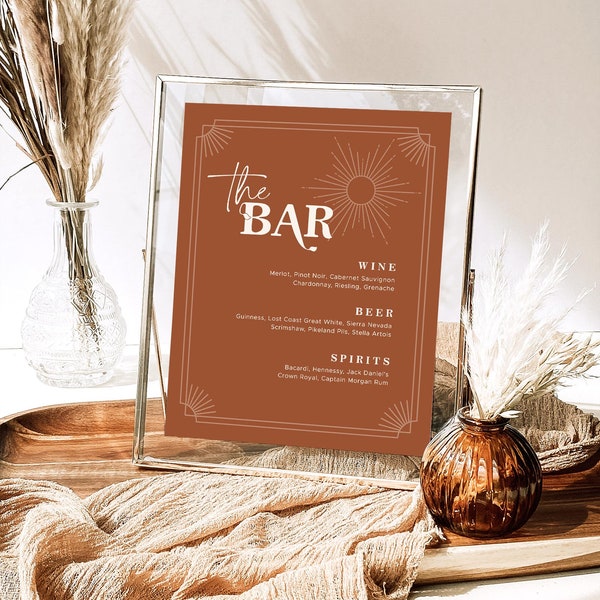 Wedding Bar Menu Template, Editable Bar Menu Sign, Printable Bar Menu, 8x10 and 5x7, Retro, Terracotta, Boho, Mid Century, VWC68