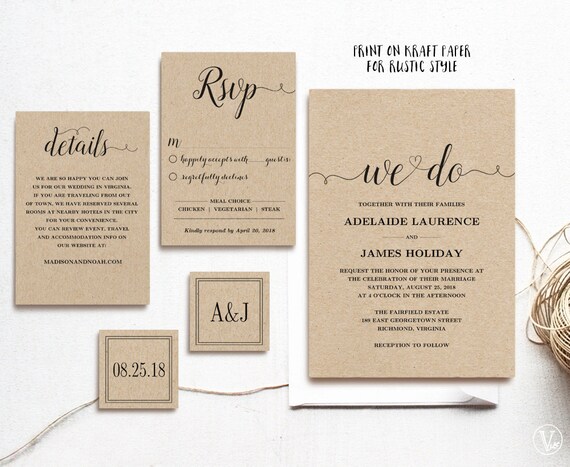 Wedding Invitation Template Rustic Wedding Invitation Set Etsy