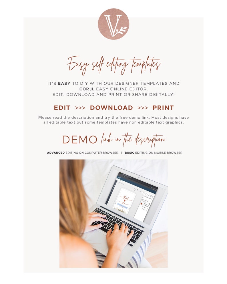 May include: A laptop computer with a white and gray striped blanket on the lap of a person. The laptop screen shows a web page with a design template and the text "Thank You". The text "Easy self editing templates" is at the top of the page. The text "EDIT, DOWNLOAD, PRINT" is below the laptop screen. The text "DEMO link in the description" is below the laptop screen.