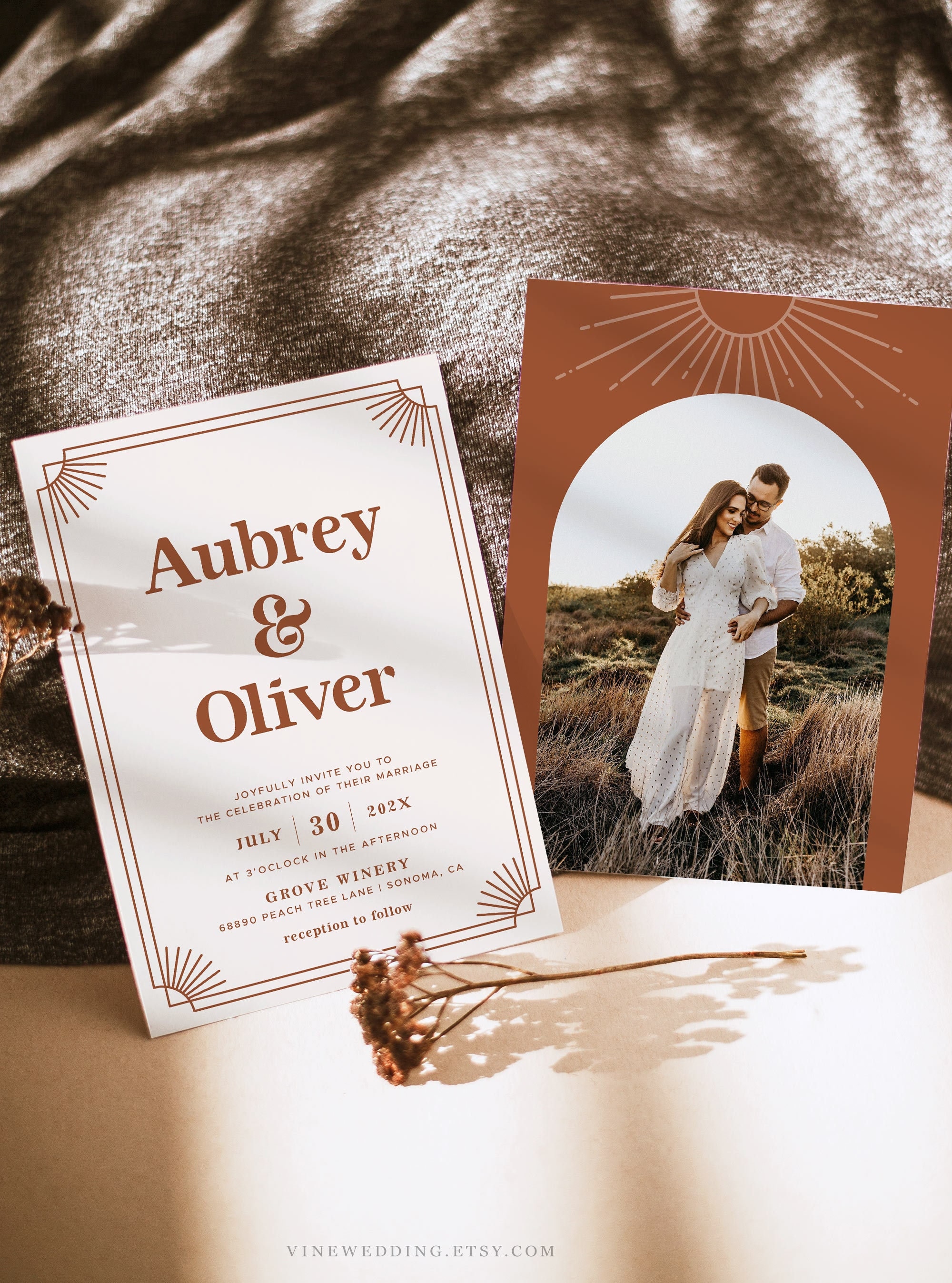 Retro Wedding Invitation Set Terracotta Boho Wedding Invitation Template Mid Century Wedding Invitation Editable Printable