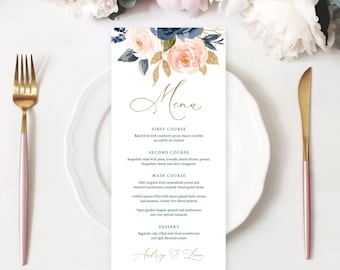 Wedding Menu Template, Printable Wedding Menu, 3 Sizes Included, Elegant Wedding Menu, Navy and Blush, Floral, Blue, Pink, Gold, VWT13