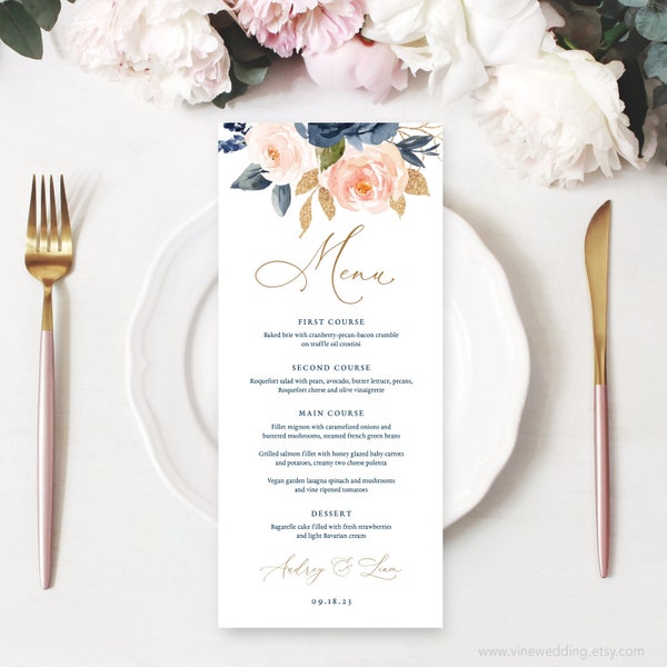 Wedding Menu Template, Printable Wedding Menu, 3 Sizes Included, Elegant Wedding Menu, Navy and Blush, Floral, Blue, Pink, Gold, VWT13