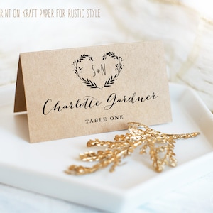 Printable Wedding Place Cards and Escort Cards, Folded Tent and Flat Templates, Editable Text, Kraft, Rustic, DIY, Heart Wreath, VW08