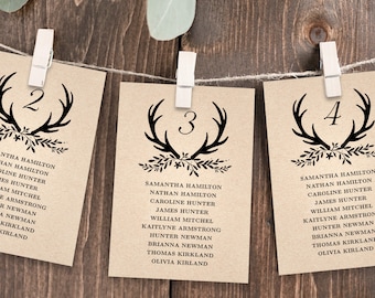 Rustic Wedding Seating Chart Card Template, Antler Wedding Seating Chart, Printable Wedding Table Chart Cards, Editable, VW19