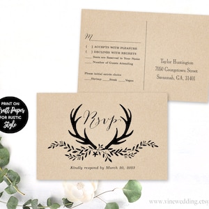 Editable RSVP Postcard Template, Printable Wedding Postcard RSVP Card, 6x4 inches, DIY, Kraft, Floral Antler, VW19