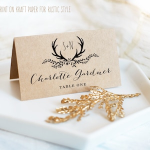 Editable Wedding Place Card Template, Printable Wedding Place Cards and Escort Cards, Name Cards, DIY, Kraft, Rustic Antler, VW19