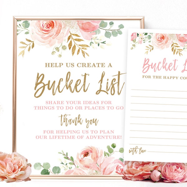 Bucket List Game Sign and Cards, Printable Bucket List Sign and Note Cards, Bridal Shower, Wedding, Floral, Blush Pink, Gold, VWC95