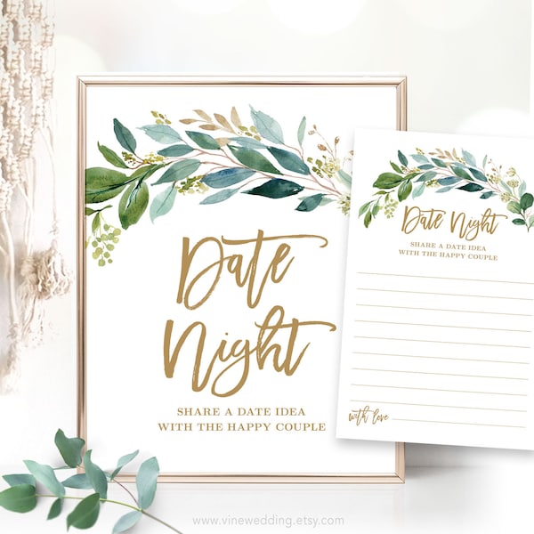 Date Night Ideas Sign and Cards, Printable Bridal Shower Game, Activity, Date Night Suggestions, Rustic, Boho Greenery, VWC79