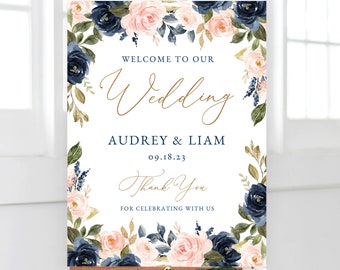 Navy and Blush Wedding Welcome Sign, Editable Wedding Welcome Sign Template, Printable, Navy Blue and Pink, Blue, Blush, VWT13