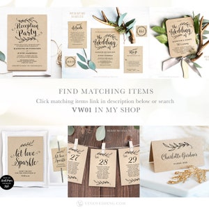 K&ouml;nnte beinhalten: Ein Set druckbarer Hochzeitspapeterie mit rustikalem Thema. Das Design zeigt einen einfachen Kranz mit Bl&auml;ttern und dem Text "Let Love Sparkle". Die Papeterie umfasst eine Einladung zur Hochzeitsfeier, eine Hochzeitseinladung, eine Detailkarte, eine RSVP-Karte, Tischnummern und eine Tischkarte.