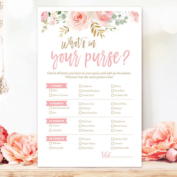 Bridal Shower Game, What's in your Purse, Printable Bridal Party Games, Bridal Shower Games, Blush Pink Floral, VWC95