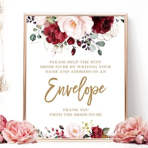 Address an Envelope Sign, Printable Write Your Name and Address on Envelope Sign, Burgundy Pink Floral, Gold, VWC83