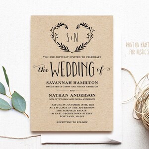 May include: A rustic wedding invitation printed on kraft paper with a floral wreath design and the text "S+N" in the center. The invitation announces the wedding of Savannah Hamilton and Nathan Anderson, with the date, time, and location of the ceremony and reception.