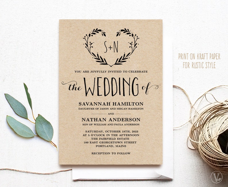May include: A rustic wedding invitation printed on kraft paper with a floral wreath design and the text "S+N" in the center. The invitation announces the wedding of Savannah Hamilton and Nathan Anderson, with the date, time, and location of the ceremony and reception.