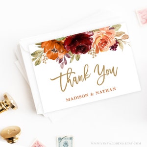 Editable Thank You Card Template, Bridal Shower, Wedding, Printable, Fall, Autumn, Sienna, Burnt Orange, Floral, Gold, VWC76, VWC74
