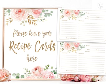 Printable Recipe Cards Sign and Recipe Cards, Bridal Shower, Please Leave Your Recipe Cards Here, Blush Pink Floral, VWC95