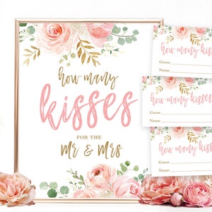 How Many Kisses For The Mr & Mrs, Printable Game Sign and Answer Cards, Wedding, Anniversary, Game, Floral, Blush Pink and Gold, VWC95