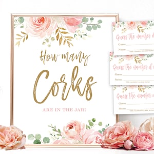 Bridal Shower Game, How Many Corks are in the Jar, Printable Game Sign and Answer Cards, How Many Wine Corks, Blush Pink and Gold, VWC95