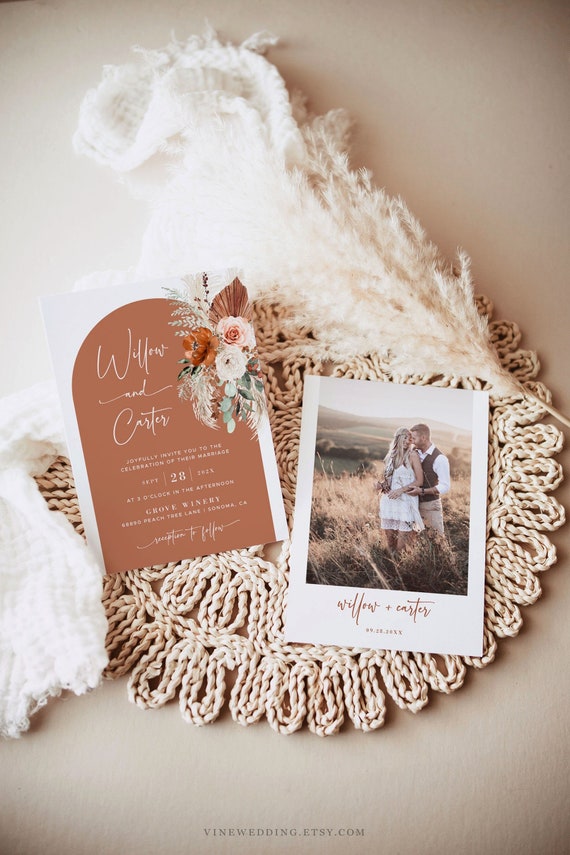 Boho Wedding Invitation, Editable Wedding Invitation, Printable Invite, Terracotta, Rust Orange, Pampas, Boho, Palm, Floral, VWC72