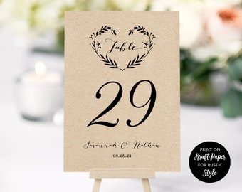 Editable Wedding Table Numbers, Rustic, Printable Wedding Table Number Cards, 5x7 and 4x6, Heart Wreath, VW08