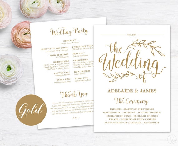 Gold Wedding Program Template Printable Wedding Programs DIY | Etsy