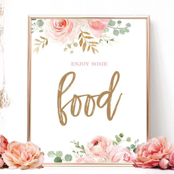 Food Sign, Printable Food Sign, Bridal Shower Food Table Sign, Blush Pink Floral, Gold, VWC95