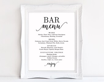 Bar Menu Sign, Printable Bar Menu Sign Template, Wedding Bar Menu Sign, Modern Bar Menu, Editable Text, VWC88