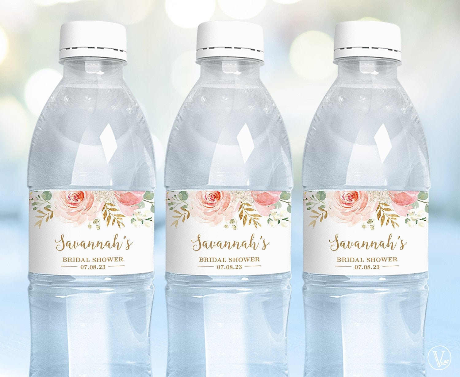 Water Bottle Label Template, Editable, Printable Bridal Shower Water Bottle Label, Blush Pink Floral, Gold, VWC95