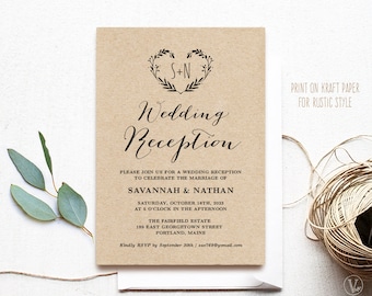 Editable Wedding Reception Invitation Template, Printable Wedding Reception Invite Card, Rustic, Heart Wreath, Kraft, DIY, VW08