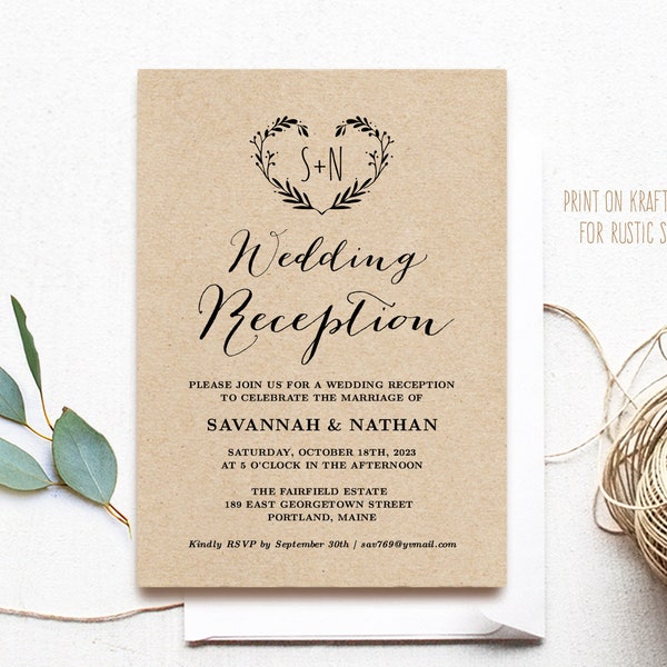 Editable Wedding Reception Invitation Template, Printable Wedding Reception Invite Card, Rustic, Heart Wreath, Kraft, DIY, VW08