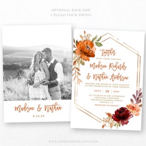 Puede incluir: Invitaci&oacute;n de boda con un marco geom&eacute;trico dorado y dise&ntilde;o floral. La invitaci&oacute;n presenta los nombres "Madison Richards & Nathan Anderson" y la fecha "Sept 18, 2023".