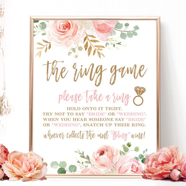 Bridal Shower Game, The Ring Game, Please Take a Ring Sign, Printable Game Sign, Floral, Blush, Pink, Gold, VWC95