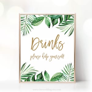 Printable Drinks Sign, Bridal Shower Drinks Sign, Tropical Greenery, Palm Leaves, Gold, VWC81