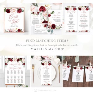 Peut inclure: Un ensemble de papeterie de mariage de couleur bordeaux et blush avec des motifs floraux. L'ensemble comprend une carte de sauvegarde de la date, une invitation, une carte RSVP, une carte de d&eacute;tails du mariage, des cartes de num&eacute;ro de table, un plan de table, un menu et une pancarte "cartes et cadeaux".