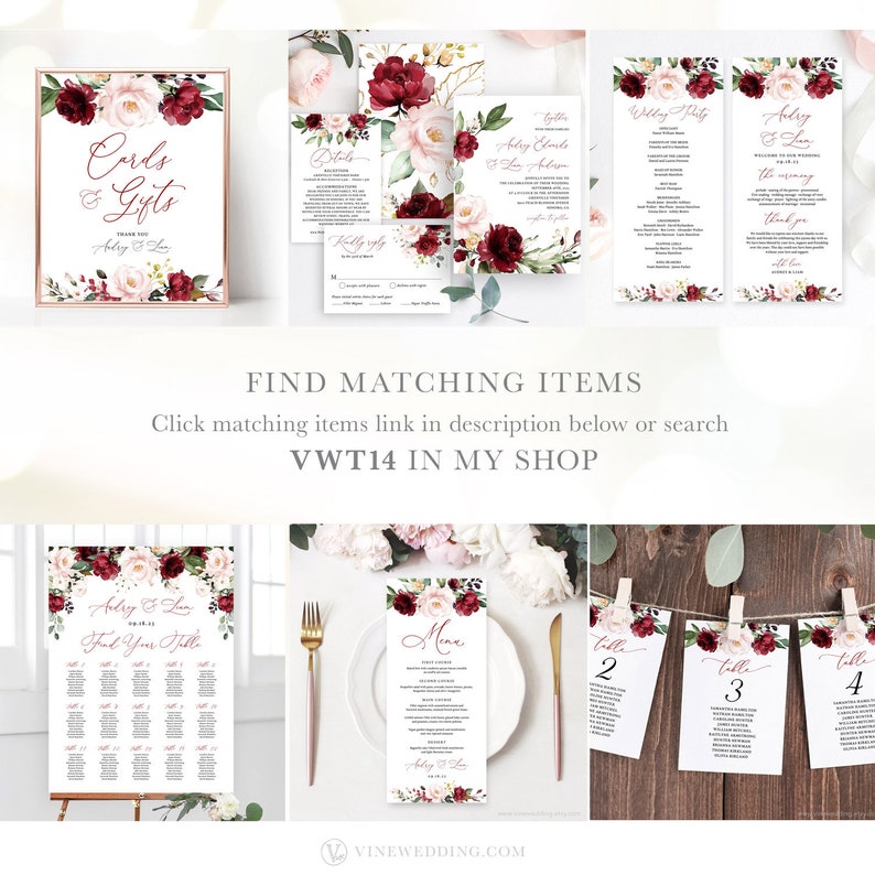 Peut inclure: Un ensemble de papeterie de mariage de couleur bordeaux et blush avec des motifs floraux. L'ensemble comprend une carte de sauvegarde de la date, une invitation, une carte RSVP, une carte de d&eacute;tails du mariage, des cartes de num&eacute;ro de table, un plan de table, un menu et une pancarte "cartes et cadeaux".
