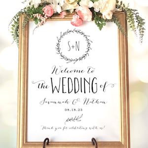 Printable Wedding Welcome Sign, Personalized Custom Wedding Sign, 18x24 and 24x36 inch Size, Editable Text, Rustic, Wreath, VW06