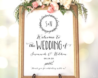 Printable Wedding Welcome Sign, Personalized Custom Wedding Sign, 18x24 and 24x36 inch Size, Editable Text, Rustic, Wreath, VW06