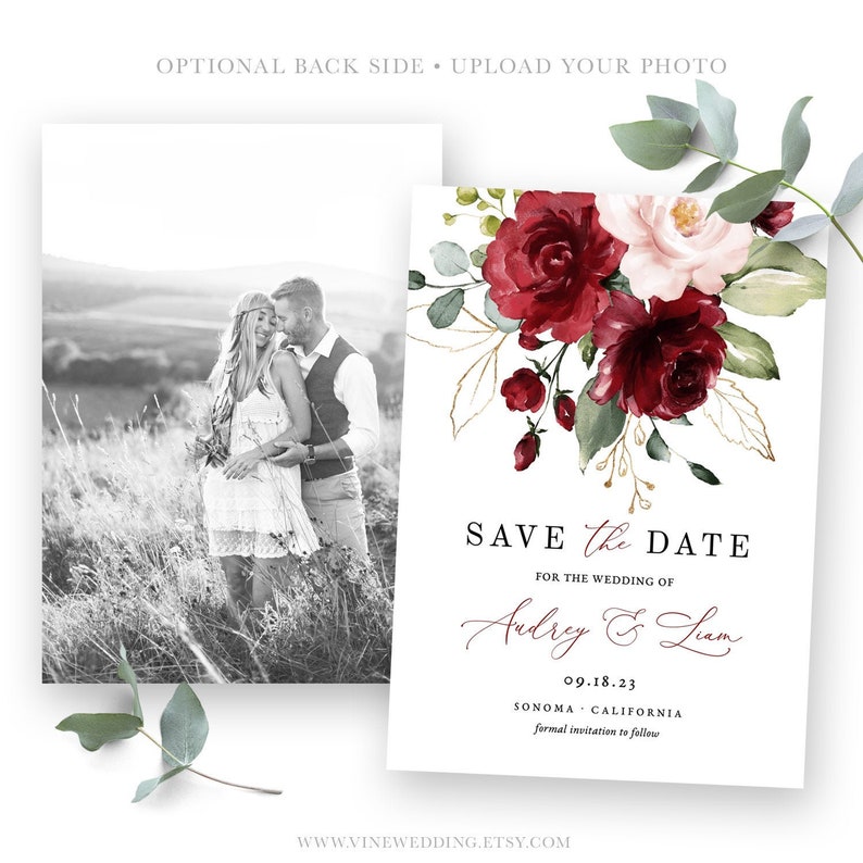 Save the Date Card, Printable Wedding Save the Date Template, Calligraphy, 4x6, 5x7, Plum, Wine, Burgundy Pink Floral, VWT14 image 1