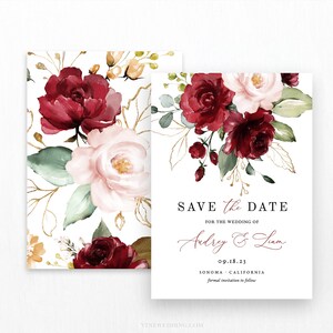 Save the Date Card, Printable Wedding Save the Date Template, Calligraphy, 4x6, 5x7, Plum, Wine, Burgundy Pink Floral, VWT14 image 2