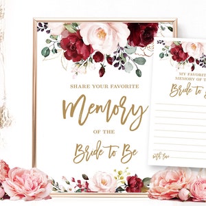 Favorite Memory of the Bride-to-Be Sign and Notecards, Printable Bridal Shower Sign and Note Card,  Floral, Burgundy Pink, Gold, VWC83