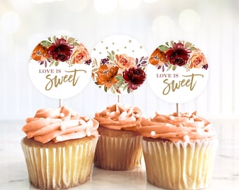 Love is Sweet Cupcake Toppers, Printable Cupcake Toppers, Bridal Shower, Wedding, Fall, Autumn, Sienna, Burnt Orange, Floral, VWC76, VWC74