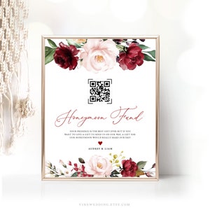 Honeymoon Fund QR Code Sign, Editable Honeymoon Fund Sign Template, Printable, Download, Wine, Burgundy, Pink, Blush, Floral, VWT14