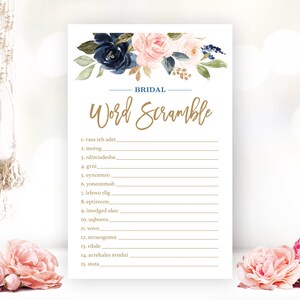Bridal Shower Game, Bridal Word Scramble, Printable Bridal Party Games, Bridal Shower Games, Navy, Blush, Pink, Floral, VWC78