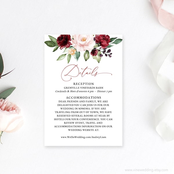 Wedding Details Card Template, Printable Wedding Insert Card, Editable Text, Burgundy Pink Floral, Plum, Blush, VWT14