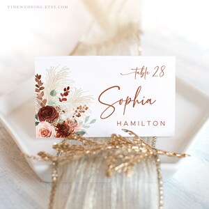 Pampas Wedding Place Cards Template, Printable Boho Wedding Place Cards, Folded Tent Style and Flat Escort Cards, Floral, VWC72, VWC71